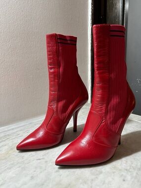 Fendi Red Pointed-Toe Stiletto Sock Boots